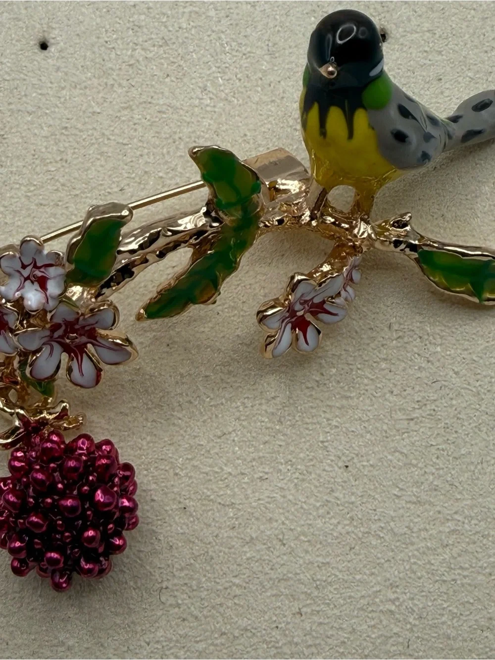 Enamel Yellow & Green Bird Floral Brooch - Unbranded